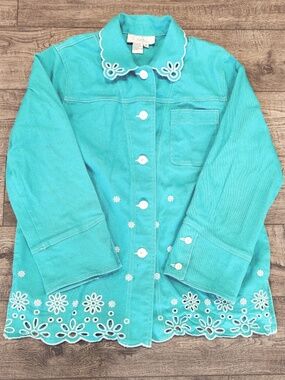 Diane's Essentials Women Denim Shacket Aqua Blue White Floral Pattern Size M